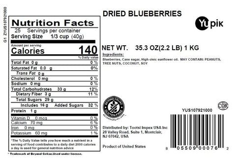 2.2 lb (35.2 oz), Yupik Dried Blueberries, Gluten-Free, Kosher, Sweet Dried Fruits, Whole Berries, No Sulphites, Source