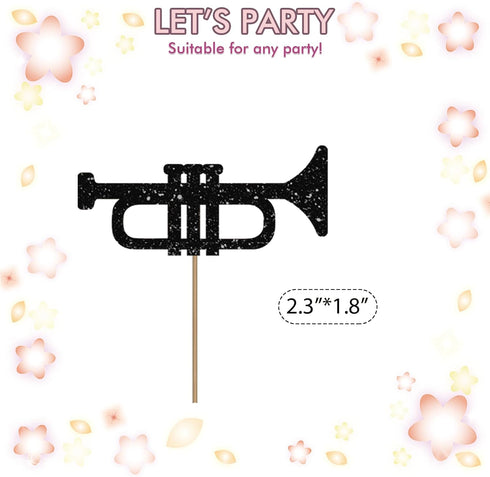 PINKAAJ Set 24 of Trumpet Cupcake Toppers for Music Theme Birthday, Black Glitter Trombone Music Instrument Sign