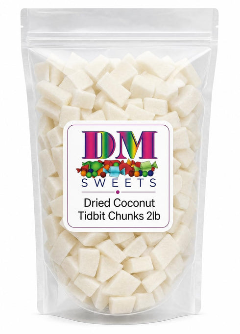 DM Sweets Dried Coconut Tidbit Chunks - 2 lbs of Fresh Crunchy Dried 15mm