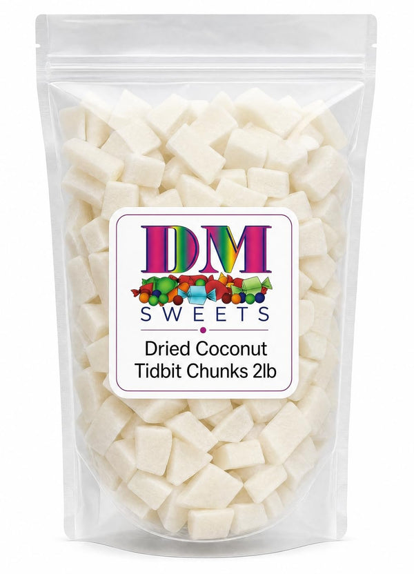 DM Sweets Dried Coconut Tidbit Chunks - 2 lbs of Fresh Crunchy Dried 15mm
