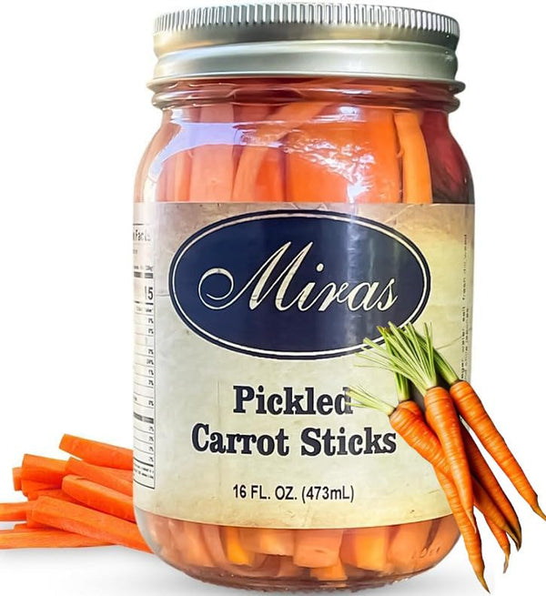 Miras Pickled Carrot Sticks Crunchy & Delicious Fresh Natural Ingredients (16oz) Glass Jar