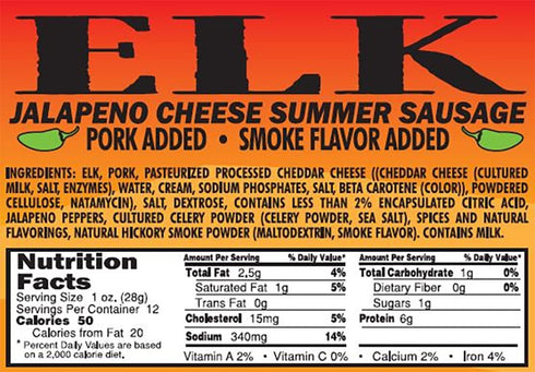 1959 Summer 12 oz Summer (Pack 2) PEARSON RANCH SINCE Elk Sausage with Jalapeno Cheese Stick of Game Meat Sausage