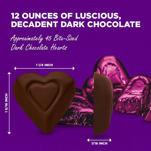 72% 12 oz Madelaine Dark Chocolate Mini Hearts Candy Cacao Valentines Day Chocolates, Individually Wrapped in Burgundy