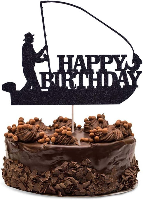 Sea Fishing Birthday Cake Topper, Fisherman Theme Party Supplies, Gone Fishing Decorations, Black Glitter Decor