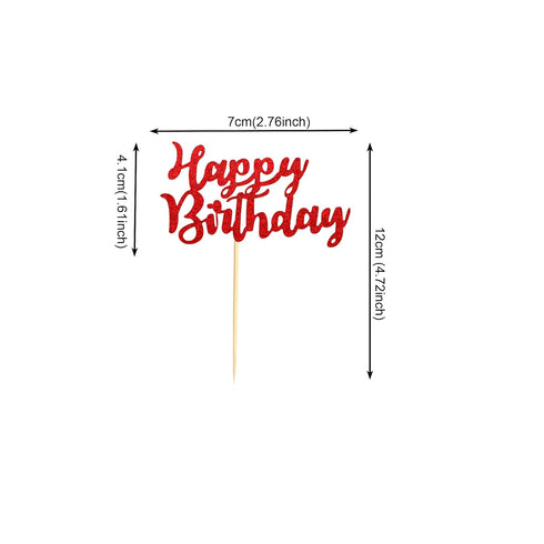 Pack of 48 Pre-Assembled Red Glitter Happy Birthday Cupcake Toppers, Cake Food Fruit Picks for Birthday Party Decoration