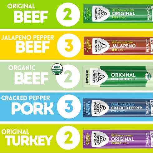 Pack 30 (12ct) Mission Meats Variety with Certified Organic Beef, Grass Fed, Free Range Turkey, and Cracked Pepper Pork