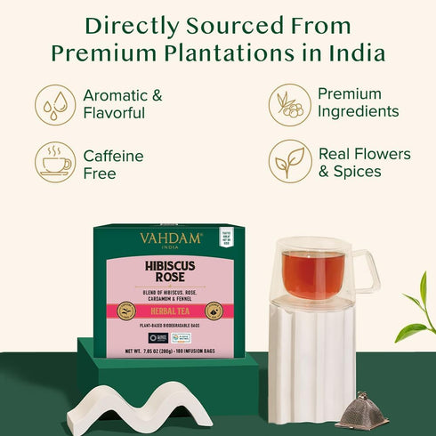 VAHDAM Hibiscus Rose Tea Bags - 100% Whole Hibiscus Flowers Herbal Tea Bags (100 Count) with Rose, Chamomile & Spices