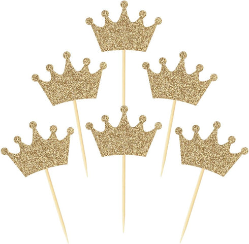 Crown Cupcake Toppers 48 Pcs, Light Gold Glittery Princess Cake Picks for Baby Shower and Birthday