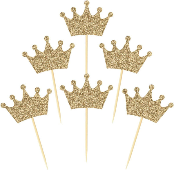 Crown Cupcake Toppers 48 Pcs, Light Gold Glittery Princess Cake Picks for Baby Shower and Birthday