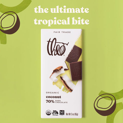 70% 6 Pack Theo Chocolate Coconut Organic Dark Chocolate Bar, Cacao, | Vegan, Fair Trade