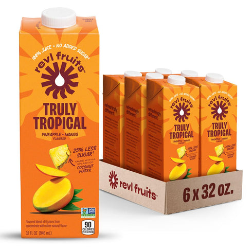 Revl Fruits 100% Juice, No Added Sugar, Pineapple Mango, Truly Tropical, 32