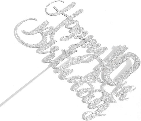 Silver Glitter Happy 10th Birthday Cake Topper - 10th Birthday Party Decoration