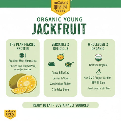 14 oz (Pack 6) Natures Greatest Foods Organic Canned Young Green Jackfruit, Plant-Based Meat Alternative, Shredded