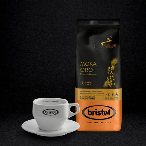 Bristot Moka Oro Ground Coffee | Italian Espresso | Medium Roast | 8.8oz/250g | For Moka, French Press, Pour Over