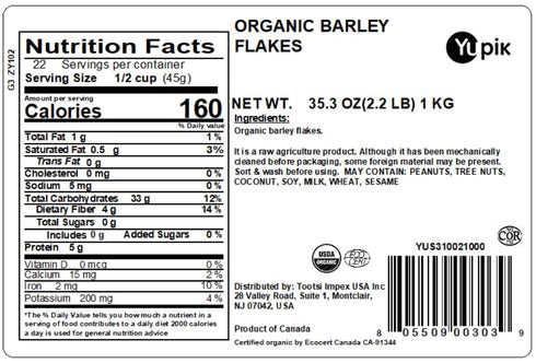 2.2 lb (35.2 oz), Yupik Organic Barley Flakes, Non-GMO, Vegan, Kosher, Steamed, Rolled & Lightly Roasted Whole Barley