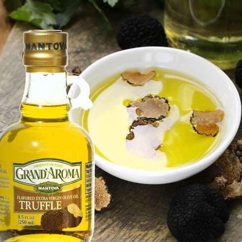 100% 8.5 oz Mantova GrandAroma Truffle Flavored Extra Virgin Olive Oil, made in Italy, cold-pressed, natural