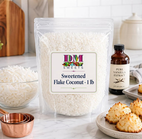 DM Sweets 1 lb Sweetened Flake Coconut - Bulk Bag of a Premium Baking Ingredient. Fresh Shredded Gourmet Dessert
