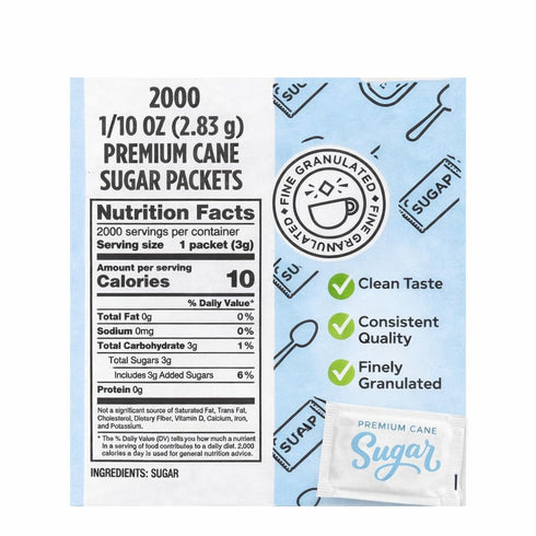 Generic Packets, 2000 Count Premium Cane Sugar Individually Wrapped, Bulk, for Coffee, Tea, Office, Restaurant