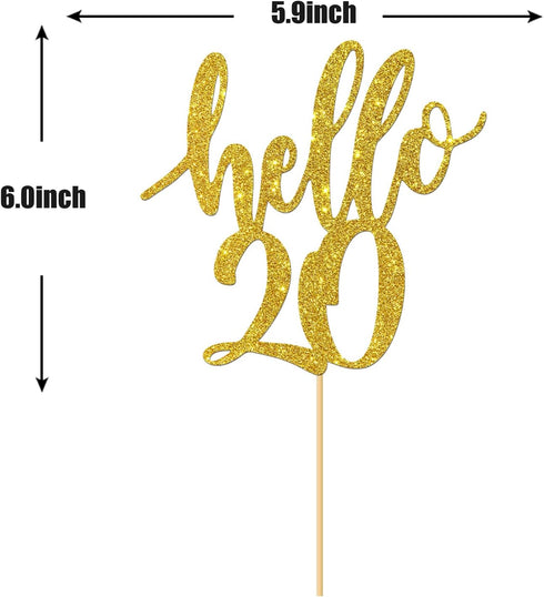 Hello 20 Cake Topper, 20th Birthday/Anniversary Party Decoration Supplies (Gold)