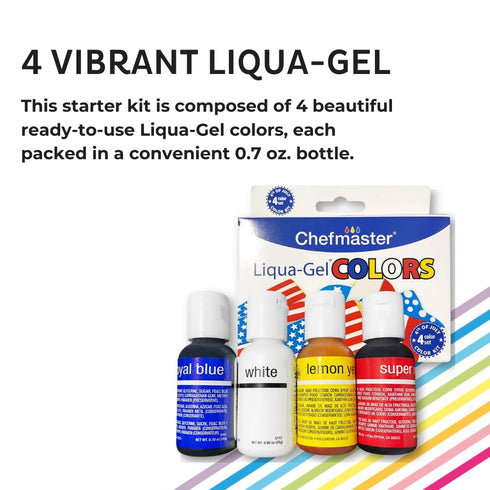 4-Bottle Set 0.70 oz Chefmaster of Patriotic Liqua-Gel Food Coloring, Vibrant Colors, Professional-Grade Dye for Icing