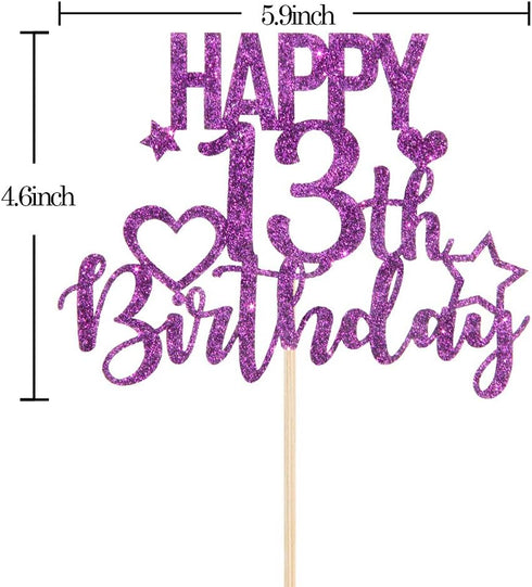 INNORU Purple Glitter Happy 13th Birthday Cake Topper - Cheers to 13 Years Party Decorations