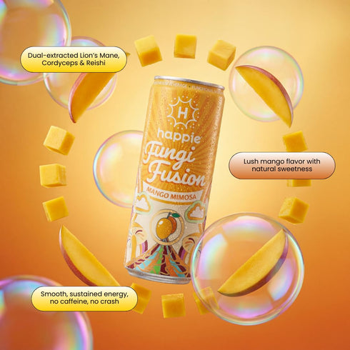 (900mg), (6 Pack) Happie Fungi Fusion Mango Mimosa Sparkling Mushroom Drink with Lion's Mane Cordyceps & Reishi