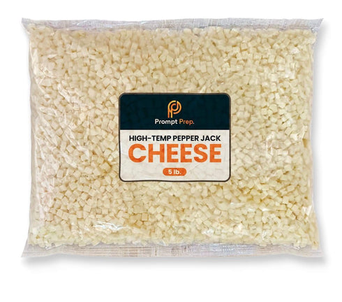 5 lb. 1/4 inch (5 Prompt Prep High Temperature Diced Pepper Jack Cheese, Bag, diced Cube, Jack Cheese For Grilling