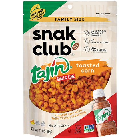 Snak Club Tajin Toasted Corn, Roasted Corn Nuggets with Chili and Lime Seasoning, 11 oz Resealable Bag, Gluten-Free