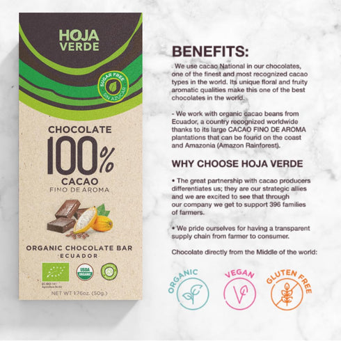 (100% Hoja Verde Dark Chocolate Sugar, Dairy Free Bars, Keto Friendly, Certified Organic | Vegan, Natural, Non-GMO