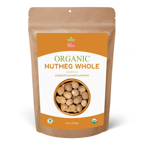 SPICY ORGANIC Ceylon Nutmeg Whole - 8 oz (40-50 nuts) - Certified USDA Organic Fresh Whole Nutmeg Spice