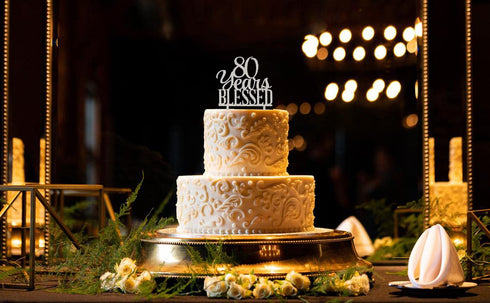 Silver Acrylic Custom 80 Years Blessed Cake Topper for 80th Birthday & Wedding Anniversary