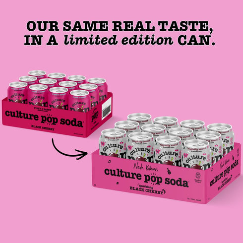 (Multipack, 12ct, 144 oz) Culture Pop Soda, Noah Kahan's Sparkling Black Cherry, Probiotic Low Sugar Soda, Sparkling