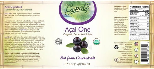 Gopal's 32oz (1qt) 30g Acai One Organic Juice - Glass Bottle Gluten-Free Vegan Superfruit Liquid Pure Acai PULP Per