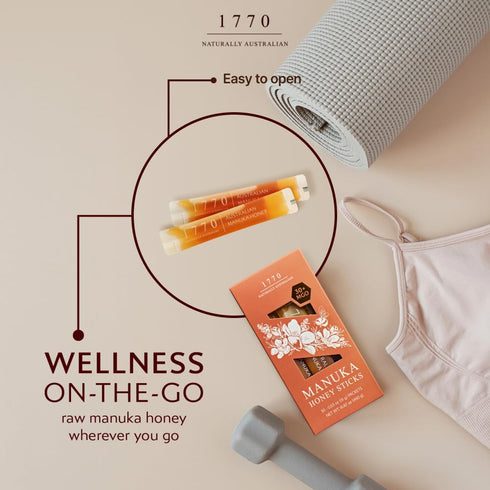 1770 30+ 30 15g, Naturally Australian MGO Manuka Honey Sticks x Organic Honey for Tea, Yogurt, & Travel Snacks