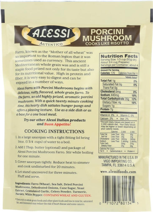 7oz Pack 6) Alessi Autentico, Premium Seasoned Roman Grain Farro, Cooks Like Risotto, Heart Healthy, Easy to Prepare