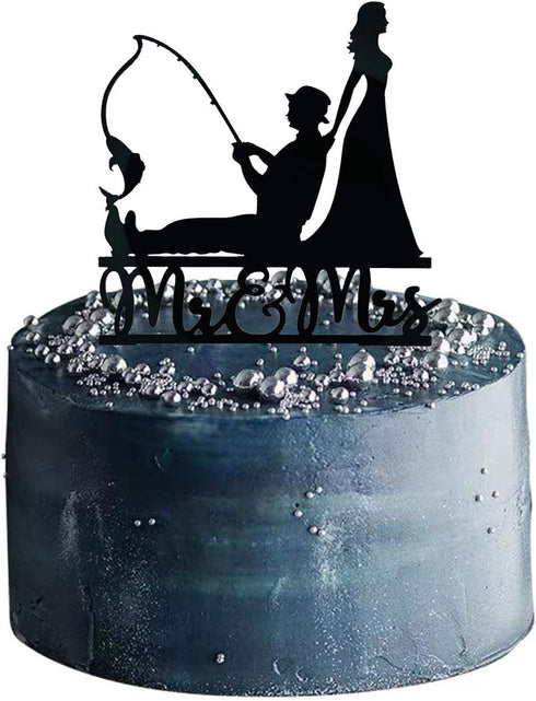 Fishing Wedding Cake Topper - Funny Bride and Groom Cake Decoration for Fishing Theme Wedding/Engagement