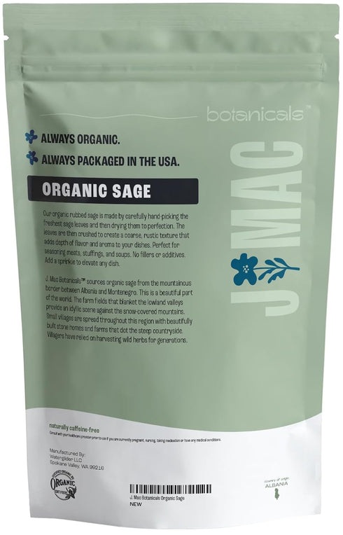 J Mac Botanicals Organic Rubbed Sage, 8 oz, Certified Organic Dried Sage Leaf, Excellent for Sausage Making