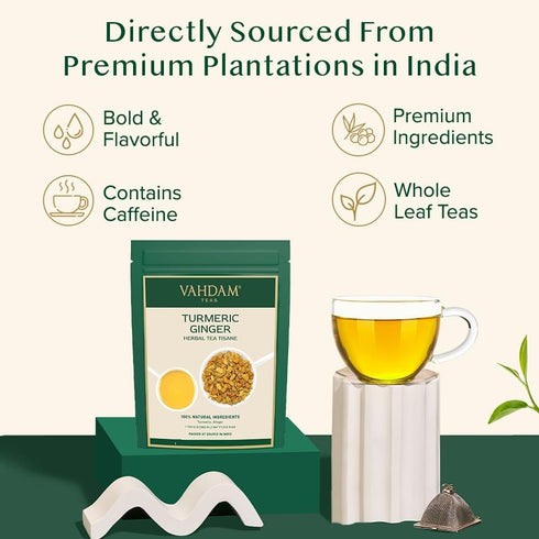 (50+ 3.53oz) 100% VAHDAM, Turmeric Ginger Herbal Tea Cups, Caffeine Free | Pure Herbal Blend - Savory & Spicy | Vacuum