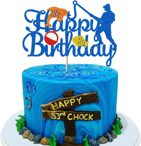 Glorymoment Birthday Fishing Cake Toppers, Glitter Blue Bobber Double Sided Cake Topper for Fisherman Party Supplies