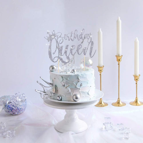 Handmade Glitter Queen Birthday Cake Topper, Happy Birthday Bunting Decor, Party Decoration Supplies (Silver)