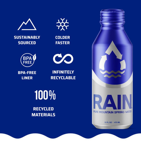 16 Oz, 24 Pack, RAIN, Spring Water, Bottled At The Source, Recyclable Eco Friendly Aluminum