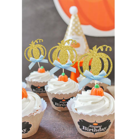 24pcs Pumpkin Cupcake Toppers - Fall Theme Cake Decoration for Baby Shower Party Supplies (Blue Bow)