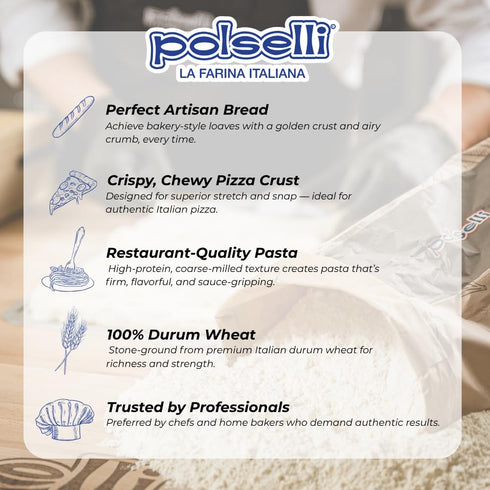 11 lbs (5 POLSELLI Italian Semola Flour, kg), Fine Ground Semolina Rimachinata for Fresh Pasta, Bread, Durum Wheat