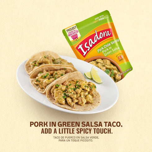 15 oz Isadora Fully Cooked Pork Chile Verde Pouch, Ready-to-Eat Authentic Mexican Meal, Pork in Green Salsa, Medium