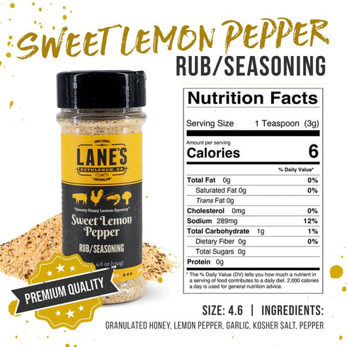 Lane's Sweet Lemon Pepper Seasoning, All-Natural Lemon Blend with Citrus, Honey, 4.6 Oz, Made in USA