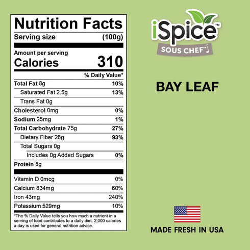 100% Dishes|0.3 Oz (8.5g) iSpice Whole Bay Leaf, Dried Herbs Natural, Gluten Free, Green Bay Leaf Seasoning Well