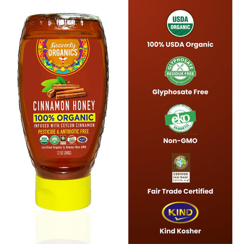 100% 12 oz Heavenly Organics Cinnamon Infused Honey, Organic | Raw Honey with Cinnamon | Unheated, Lightly Filtered |