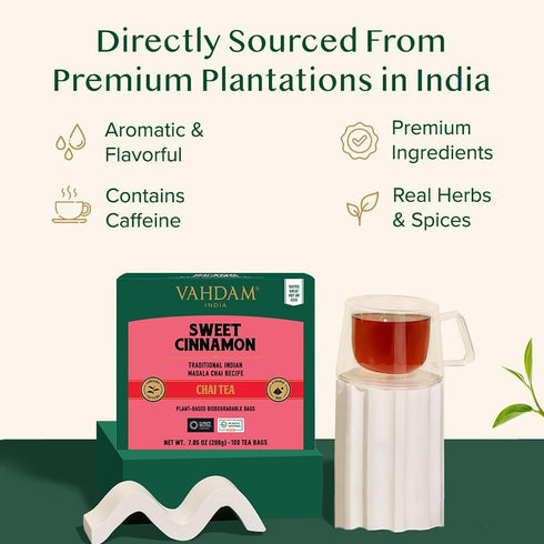 (100 Count) 100% VAHDAM Sweet Cinnamon Chai Tea Bags | Natural Spices | Spiced Masala Chai with Natural Cinnamon |