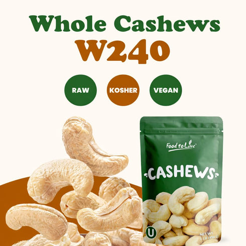 1 W240, Food to Live Cashew Nuts, Pound - Large Size Whole Nuts, Unsalted, Kosher, Raw, Vegan, Bulk