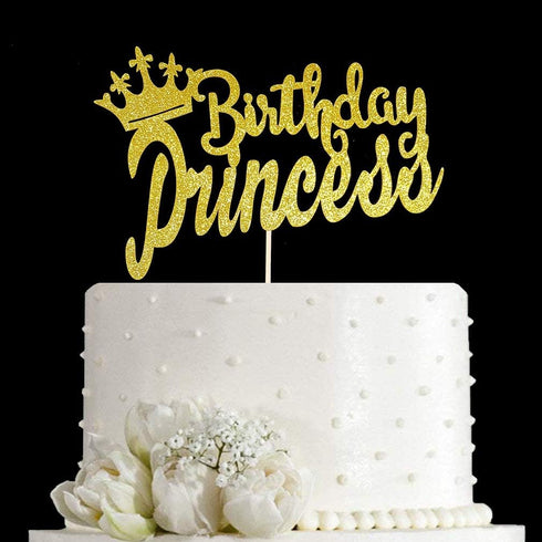 Happy Birthday Cake Topper for Princess Birthday Party Decorations, Double-faced Gold Glitter